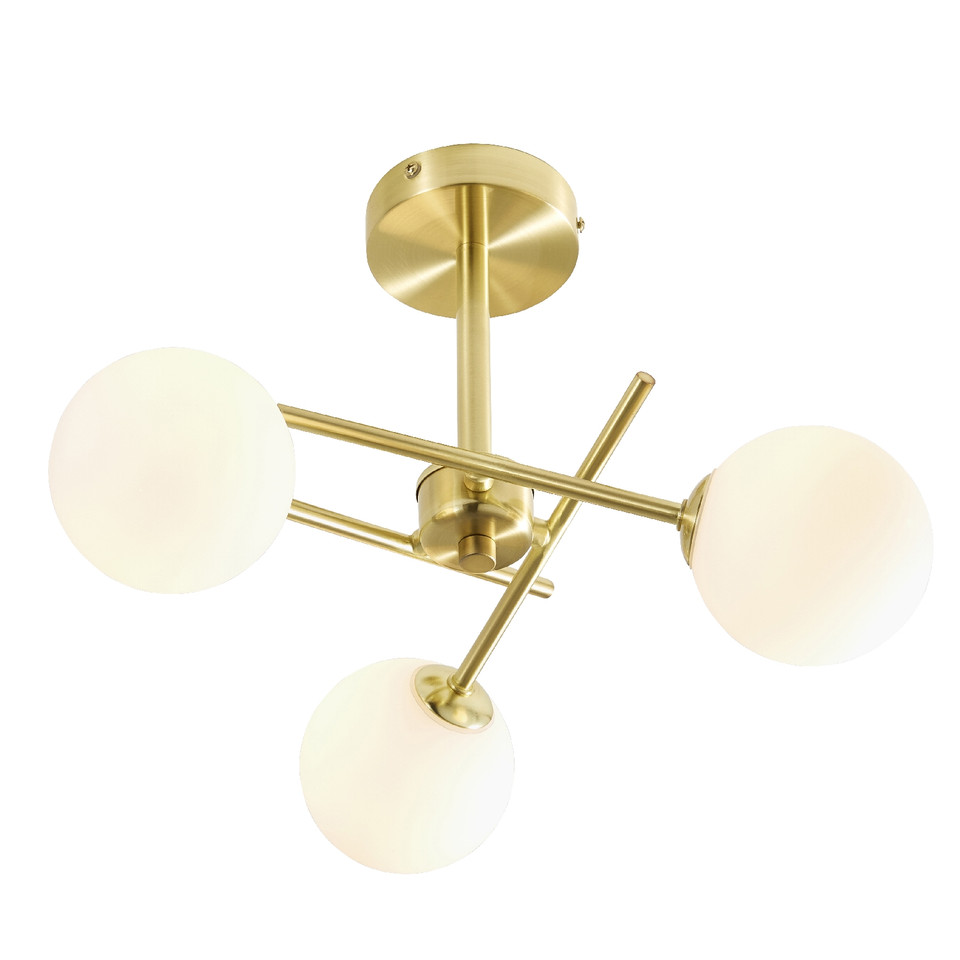 Forum Spa Lindos Satin Brass/Opal 390mm 3 Lamp Cross Arm Semi-Flush Ceiling Light - SPA-35836-SBRS