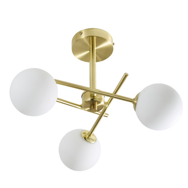 Forum Spa Lindos Satin Brass/Opal 390mm 3 Lamp Cross Arm Semi-Flush Ceiling Light - SPA-35836-SBRS - Image 2